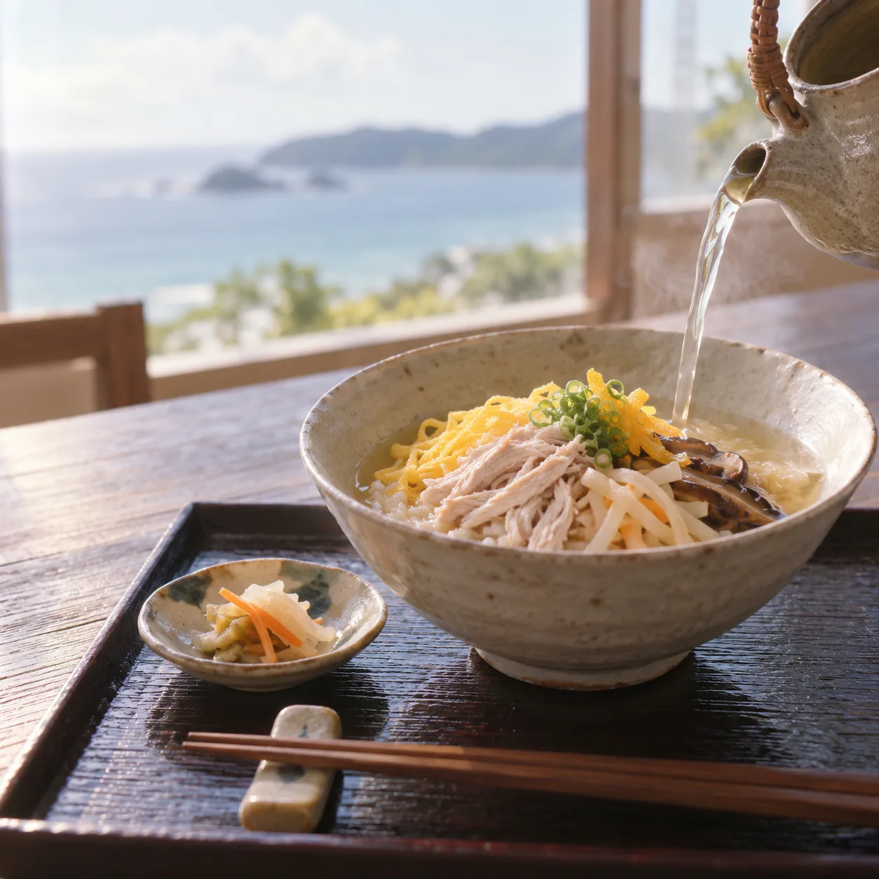 鶏飯にスープを注ぐところ